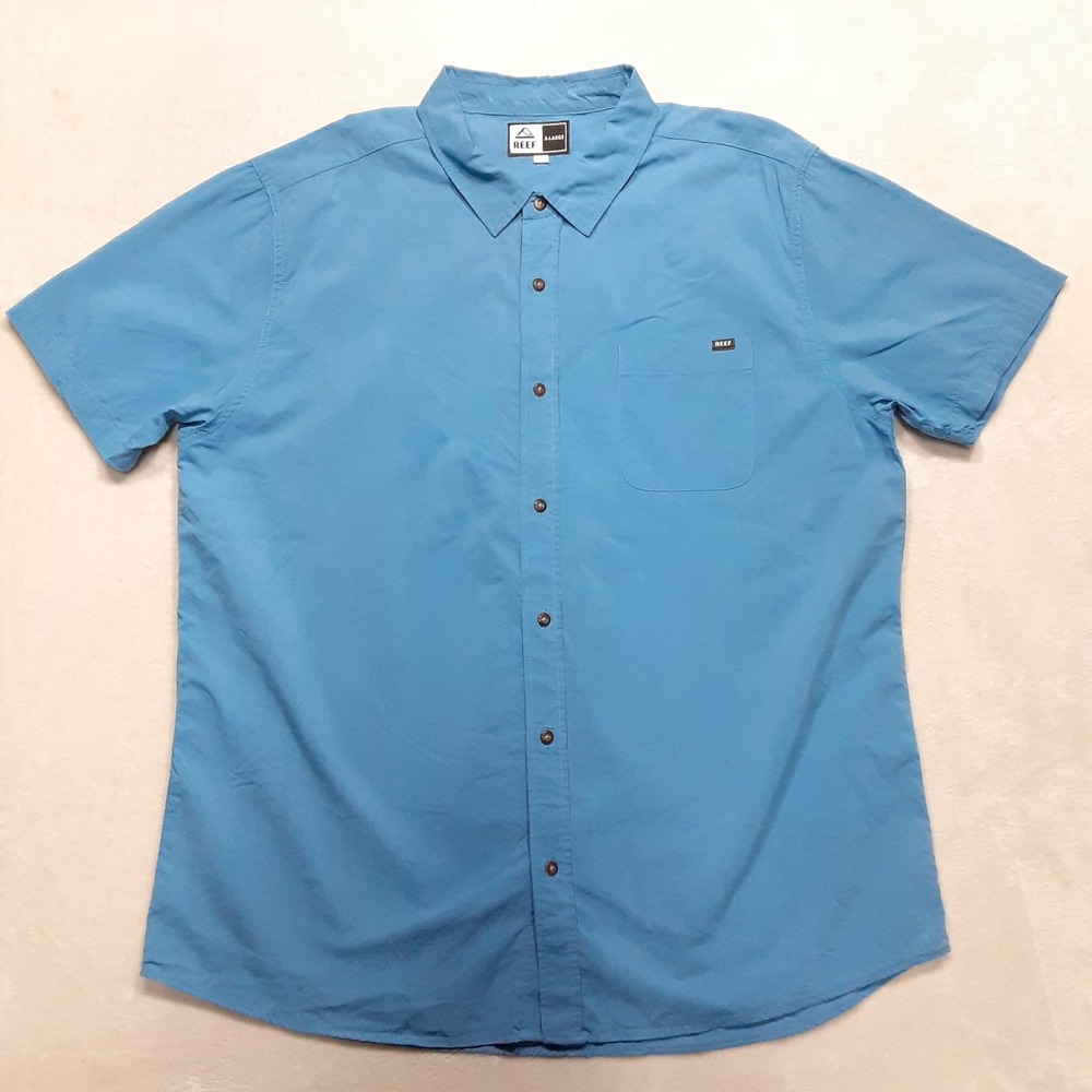Reef Collins Mens Woven Button Shirt XL Blue Rayon Cotton Blend Short Sleeve